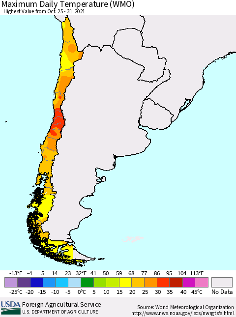 Chile Maximum Daily Temperature (WMO) Thematic Map For 10/25/2021 - 10/31/2021