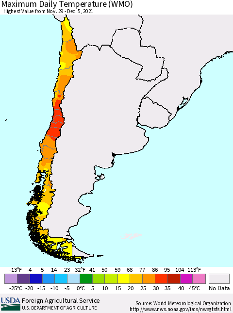 Chile Extreme Maximum Temperature (WMO) Thematic Map For 11/29/2021 - 12/5/2021