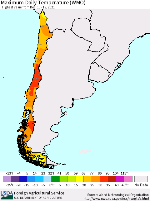 Chile Maximum Daily Temperature (WMO) Thematic Map For 12/13/2021 - 12/19/2021