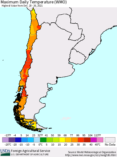 Chile Extreme Maximum Temperature (WMO) Thematic Map For 12/20/2021 - 12/26/2021
