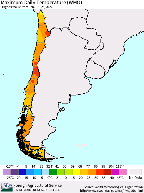 Chile Extreme Maximum Temperature (WMO) Thematic Map For 1/17/2022 - 1/23/2022