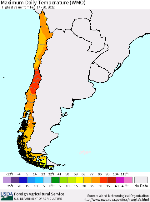 Chile Extreme Maximum Temperature (WMO) Thematic Map For 2/14/2022 - 2/20/2022