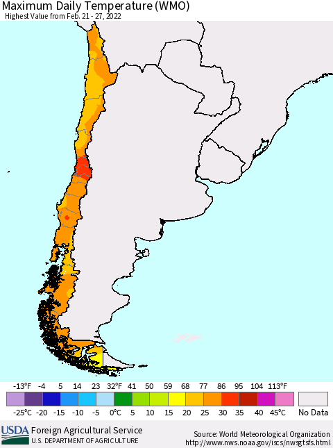 Chile Extreme Maximum Temperature (WMO) Thematic Map For 2/21/2022 - 2/27/2022