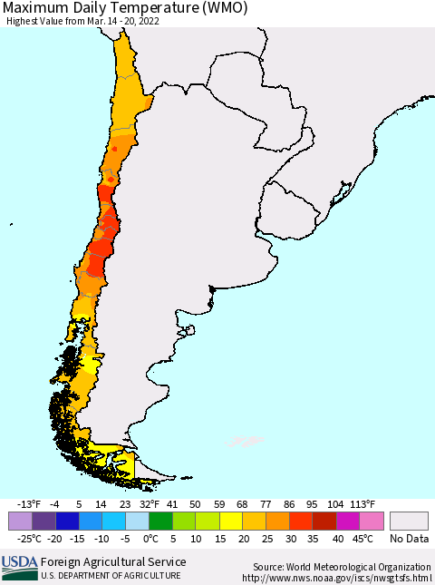 Chile Maximum Daily Temperature (WMO) Thematic Map For 3/14/2022 - 3/20/2022