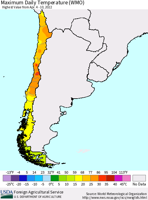 Chile Maximum Daily Temperature (WMO) Thematic Map For 4/4/2022 - 4/10/2022