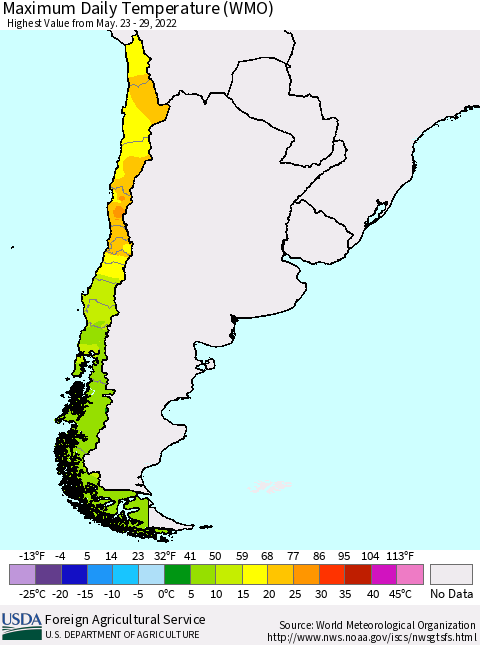 Chile Extreme Maximum Temperature (WMO) Thematic Map For 5/23/2022 - 5/29/2022