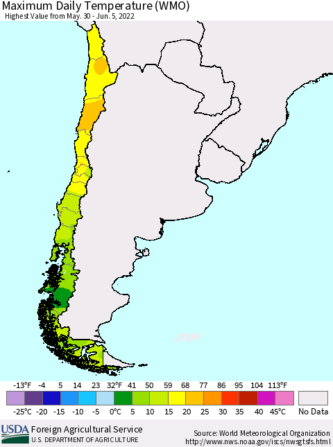 Chile Extreme Maximum Temperature (WMO) Thematic Map For 5/30/2022 - 6/5/2022