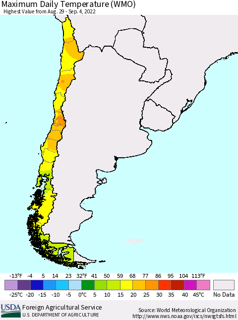 Chile Maximum Daily Temperature (WMO) Thematic Map For 8/29/2022 - 9/4/2022