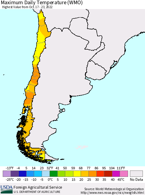Chile Maximum Daily Temperature (WMO) Thematic Map For 10/17/2022 - 10/23/2022