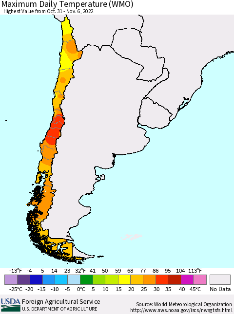 Chile Maximum Daily Temperature (WMO) Thematic Map For 10/31/2022 - 11/6/2022