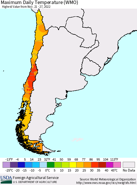 Chile Maximum Daily Temperature (WMO) Thematic Map For 11/21/2022 - 11/27/2022