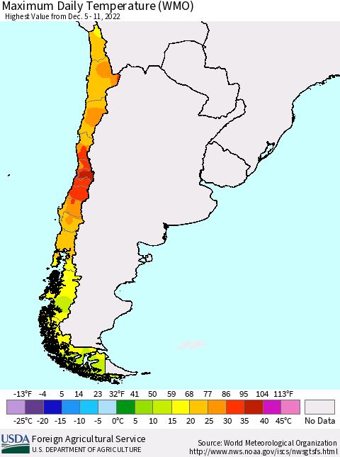 Chile Maximum Daily Temperature (WMO) Thematic Map For 12/5/2022 - 12/11/2022