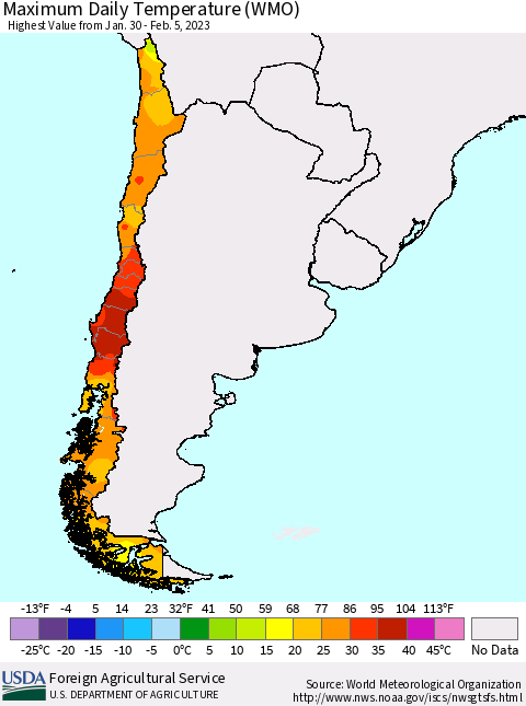Chile Maximum Daily Temperature (WMO) Thematic Map For 1/30/2023 - 2/5/2023