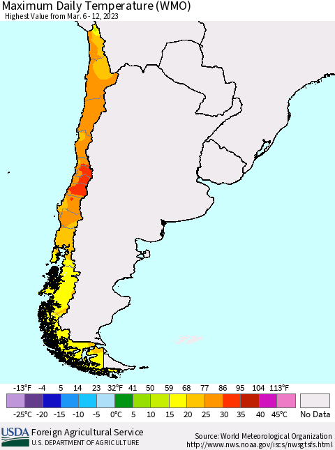 Chile Maximum Daily Temperature (WMO) Thematic Map For 3/6/2023 - 3/12/2023