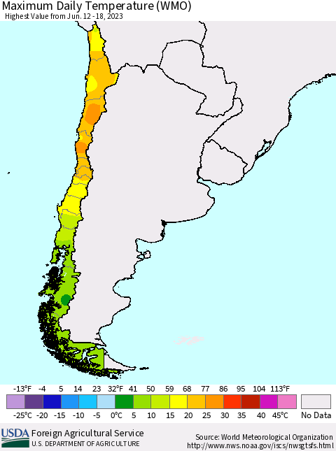 Chile Maximum Daily Temperature (WMO) Thematic Map For 6/12/2023 - 6/18/2023