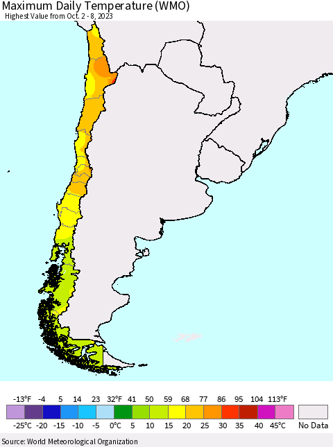 Chile Maximum Daily Temperature (WMO) Thematic Map For 10/2/2023 - 10/8/2023