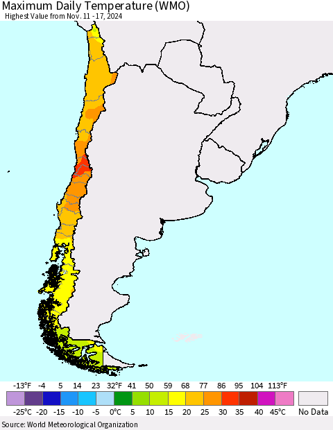 Chile Maximum Daily Temperature (WMO) Thematic Map For 11/11/2024 - 11/17/2024