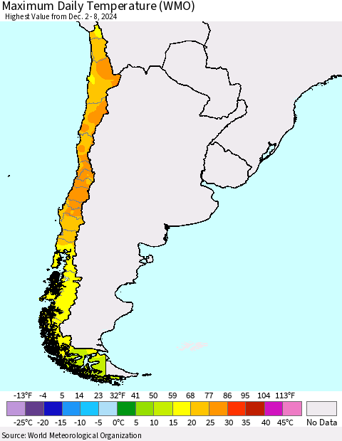 Chile Maximum Daily Temperature (WMO) Thematic Map For 12/2/2024 - 12/8/2024
