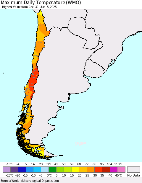 Chile Maximum Daily Temperature (WMO) Thematic Map For 12/30/2024 - 1/5/2025