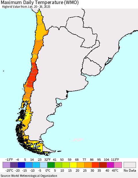 Chile Maximum Daily Temperature (WMO) Thematic Map For 1/20/2025 - 1/26/2025