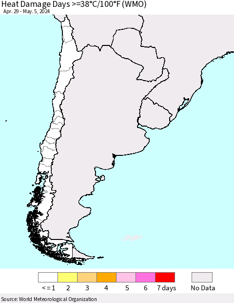 Chile Heat Damage Days >=38°C/100°F (WMO) Thematic Map For 4/29/2024 - 5/5/2024