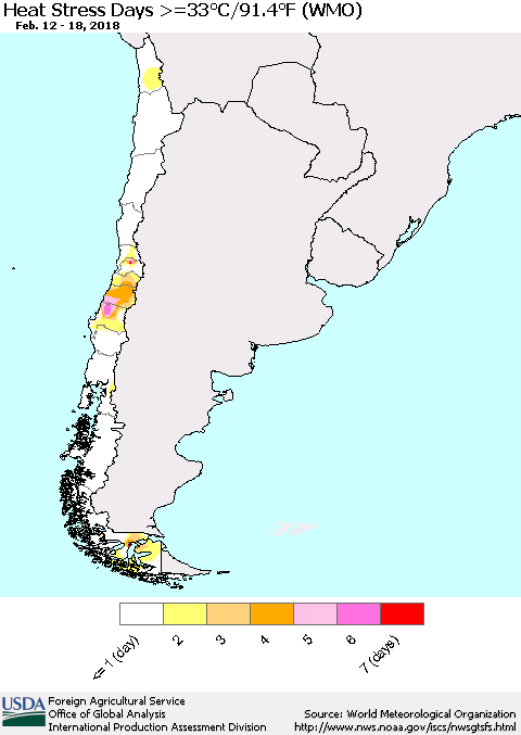 Chile Heat Stress Days >=35°C/95°F (WMO) Thematic Map For 2/12/2018 - 2/18/2018