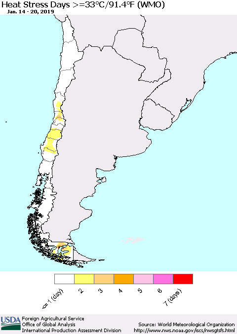 Chile Heat Stress Days >=35°C/95°F (WMO) Thematic Map For 1/14/2019 - 1/20/2019