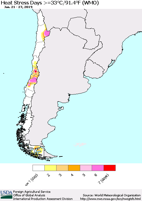 Chile Heat Stress Days >=35°C/95°F (WMO) Thematic Map For 1/21/2019 - 1/27/2019