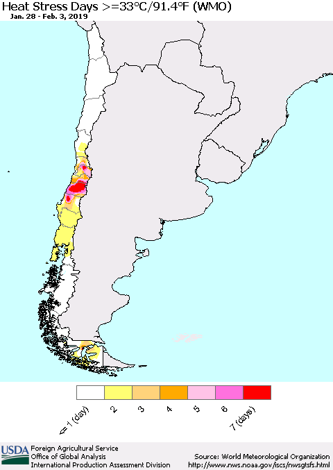 Chile Heat Stress Days >=35°C/95°F (WMO) Thematic Map For 1/28/2019 - 2/3/2019