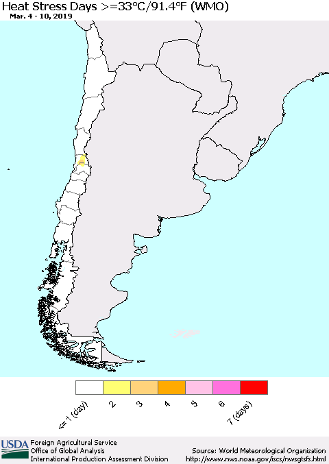 Chile Heat Stress Days >=35°C/95°F (WMO) Thematic Map For 3/4/2019 - 3/10/2019