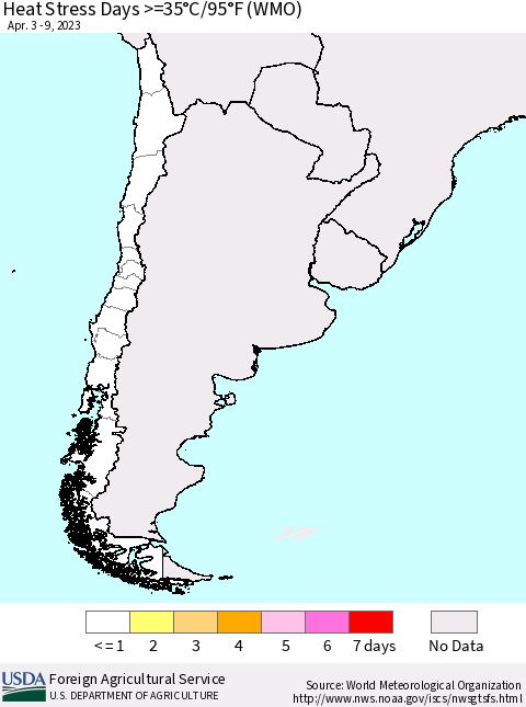 Chile Heat Stress Days >=35°C/95°F (WMO) Thematic Map For 4/3/2023 - 4/9/2023