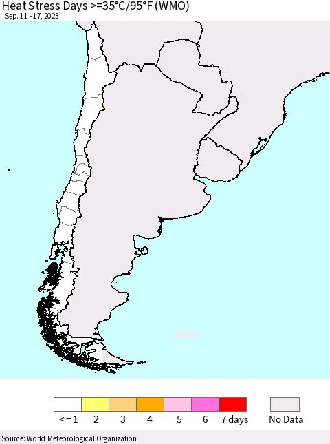 Chile Heat Stress Days >=35°C/95°F (WMO) Thematic Map For 9/11/2023 - 9/17/2023