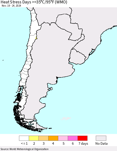 Chile Heat Stress Days >=35°C/95°F (WMO) Thematic Map For 11/18/2024 - 11/24/2024