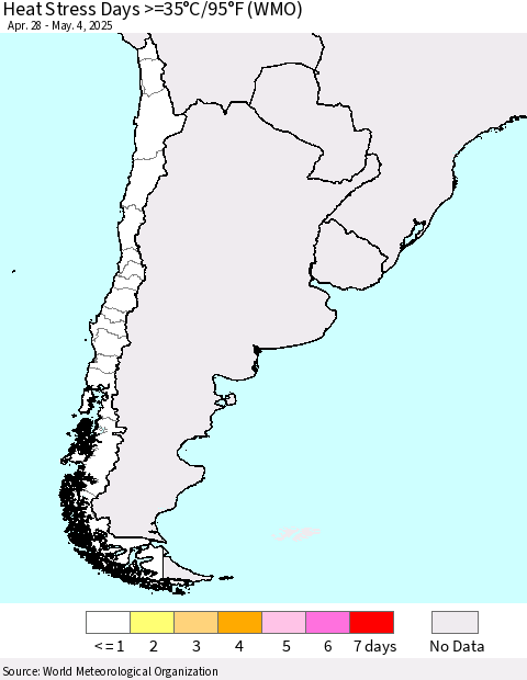 Chile Heat Stress Days >=35°C/95°F (WMO) Thematic Map For 4/28/2025 - 5/4/2025