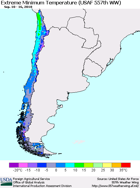 Chile Minimum Daily Temperature (USAF 557th WW) Thematic Map For 9/10/2018 - 9/16/2018