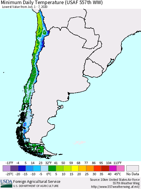Chile Minimum Daily Temperature (USAF 557th WW) Thematic Map For 6/1/2020 - 6/7/2020