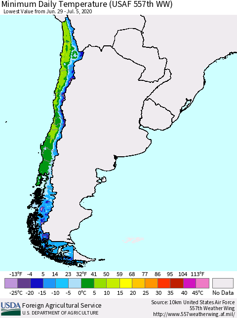 Chile Extreme Minimum Temperature (USAF 557th WW) Thematic Map For 6/29/2020 - 7/5/2020