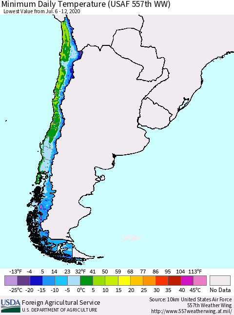 Chile Extreme Minimum Temperature (USAF 557th WW) Thematic Map For 7/6/2020 - 7/12/2020