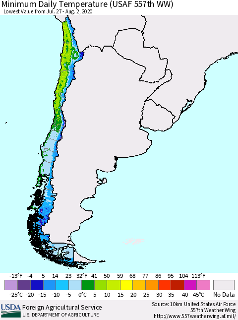 Chile Extreme Minimum Temperature (USAF 557th WW) Thematic Map For 7/27/2020 - 8/2/2020