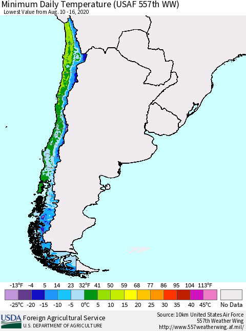 Chile Extreme Minimum Temperature (USAF 557th WW) Thematic Map For 8/10/2020 - 8/16/2020