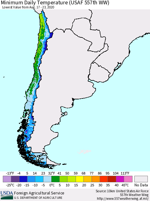 Chile Extreme Minimum Temperature (USAF 557th WW) Thematic Map For 8/17/2020 - 8/23/2020