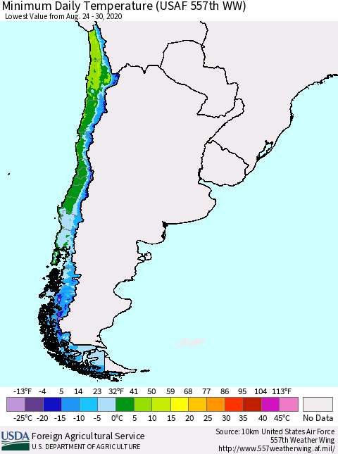 Chile Extreme Minimum Temperature (USAF 557th WW) Thematic Map For 8/24/2020 - 8/30/2020