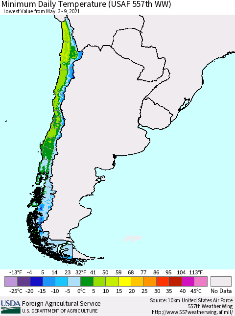 Chile Extreme Minimum Temperature (USAF 557th WW) Thematic Map For 5/3/2021 - 5/9/2021