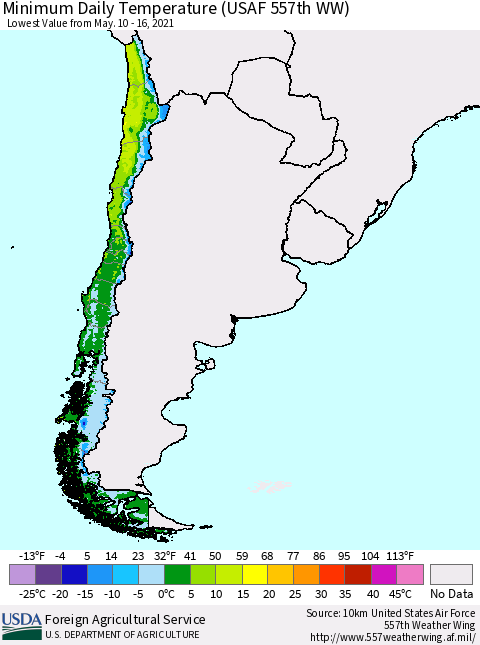 Chile Extreme Minimum Temperature (USAF 557th WW) Thematic Map For 5/10/2021 - 5/16/2021