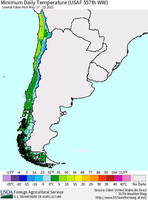Chile Extreme Minimum Temperature (USAF 557th WW) Thematic Map For 5/17/2021 - 5/23/2021