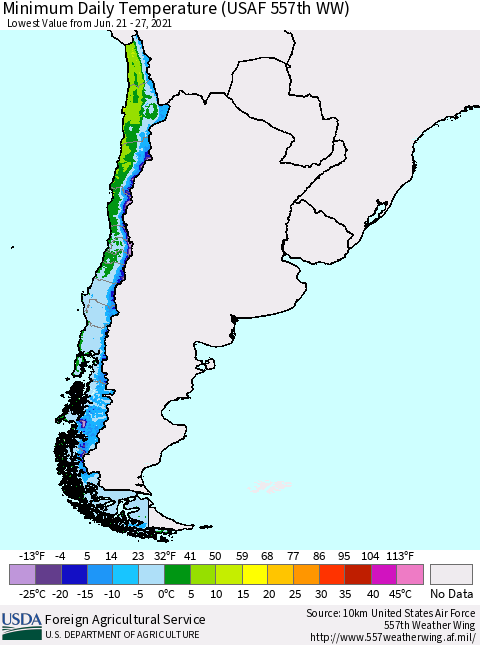Chile Extreme Minimum Temperature (USAF 557th WW) Thematic Map For 6/21/2021 - 6/27/2021