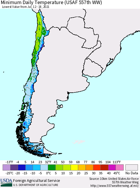Chile Extreme Minimum Temperature (USAF 557th WW) Thematic Map For 7/12/2021 - 7/18/2021