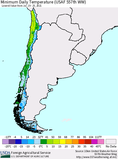 Chile Extreme Minimum Temperature (USAF 557th WW) Thematic Map For 7/19/2021 - 7/25/2021