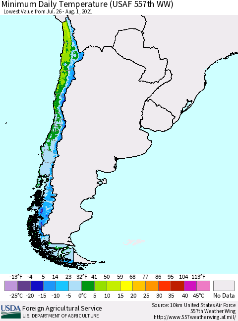 Chile Extreme Minimum Temperature (USAF 557th WW) Thematic Map For 7/26/2021 - 8/1/2021