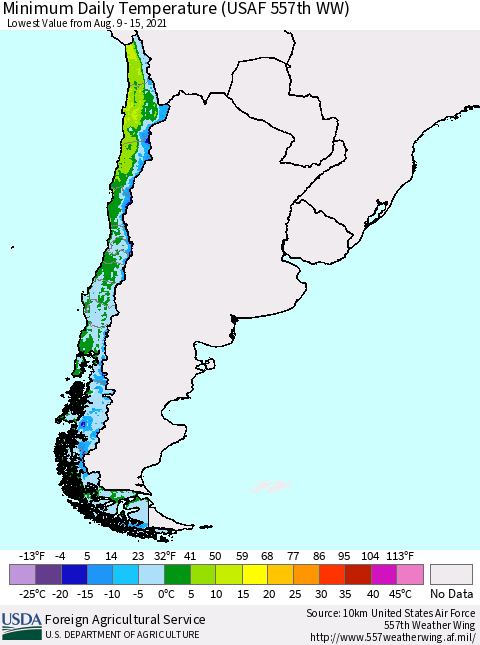 Chile Extreme Minimum Temperature (USAF 557th WW) Thematic Map For 8/9/2021 - 8/15/2021